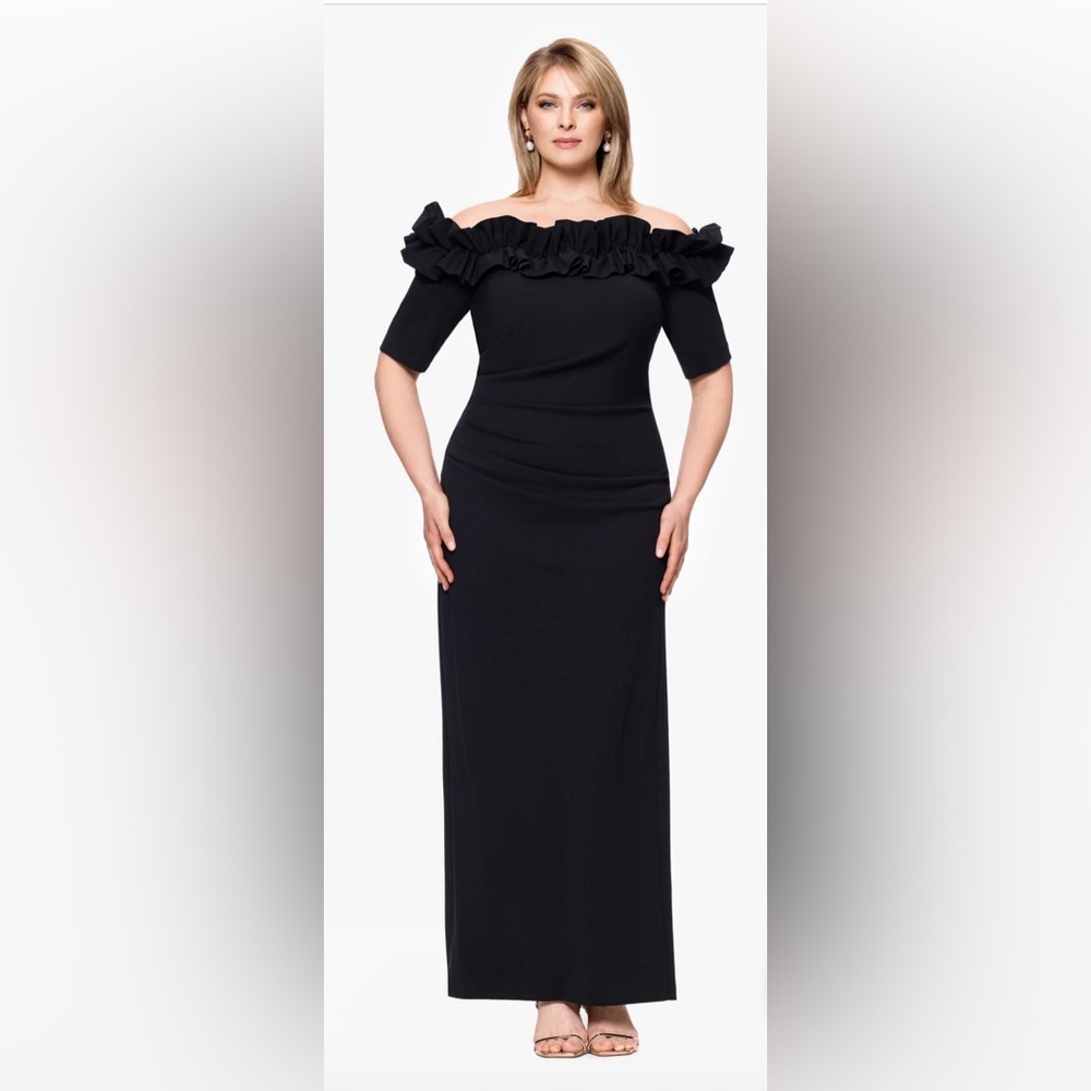 NWT Dillards Xscape Ruffle Navy Off-Shoulder Maxi Dress Gown size 12 - Picture 9 of 11